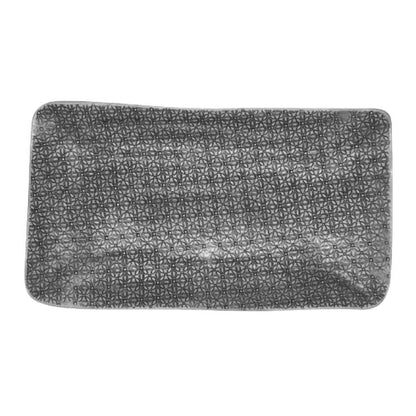 Eclectic Wonki Ware large rectangular pottery trough with a grey and white geometric pattern for serving food.