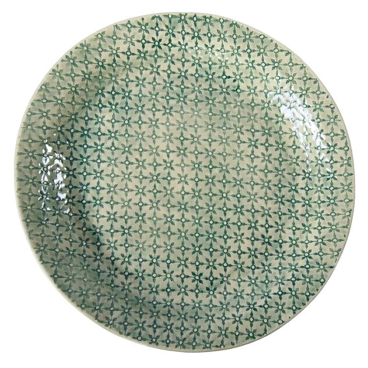 Eclectic Wonki Ware large Mediterranean pottery platter with a green floral pattern on a cream background.