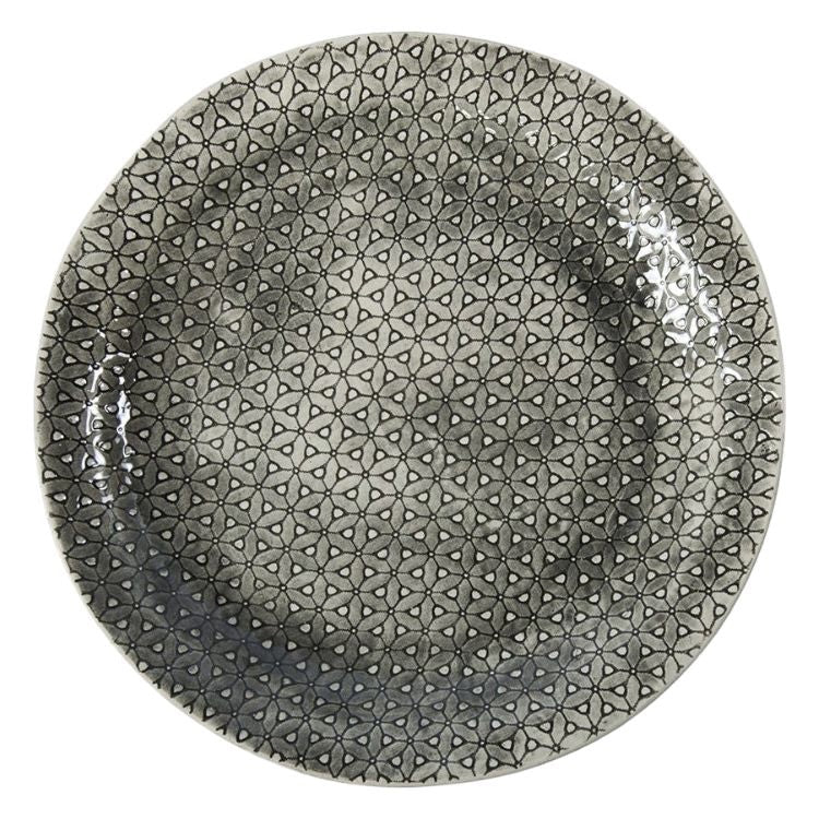 Eclectic Wonki Ware large handmade Mediterranean pottery platter with a grey and white geometric floral pattern.
