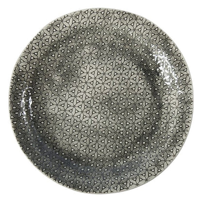 Eclectic Wonki Ware large handmade Mediterranean pottery platter with a grey and white geometric floral pattern.