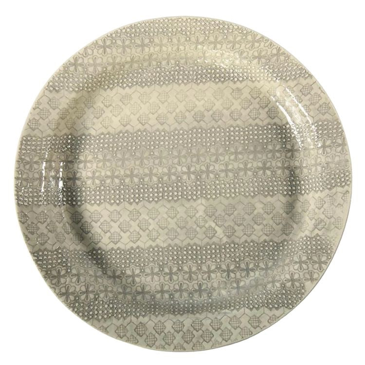Eclectic Wonki Ware large Mediterranean pottery platter with a grey and white hand-stamped floral lace pattern.