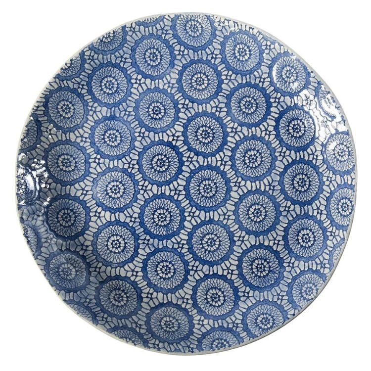 Eclectic Wonki Ware large Mediterranean platter featuring a blue and white circular lace-inspired pattern on pottery
