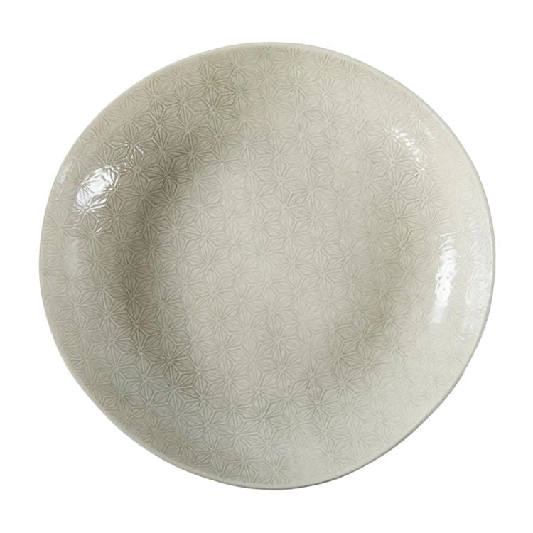 Eclectic Wonki Ware large handcrafted pottery pie dish in a neutral colour with a delicate geometric star pattern.