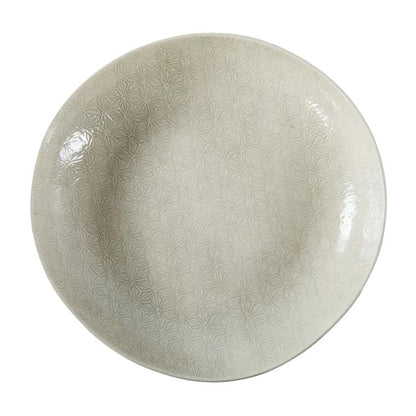 Eclectic Wonki Ware large handcrafted pottery pie dish in a neutral colour with a delicate geometric star pattern.