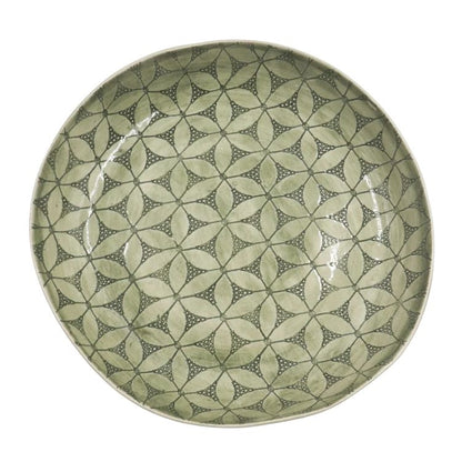Eclectic Wonki Ware large handcrafted pottery pie dish with a sage green floral geometric pattern on a white background