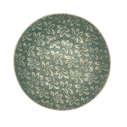 Eclectic Wonki Ware large handmade pottery spaghetti bowl featuring a green and white hand-painted leaf pattern.