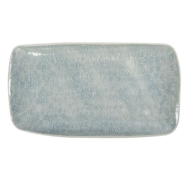 Eclectic Wonki Ware large rectangular pottery trough with a blue and white lace-inspired pattern on a white background