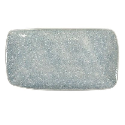 Eclectic Wonki Ware large rectangular pottery trough with a blue and white lace-inspired pattern on a white background