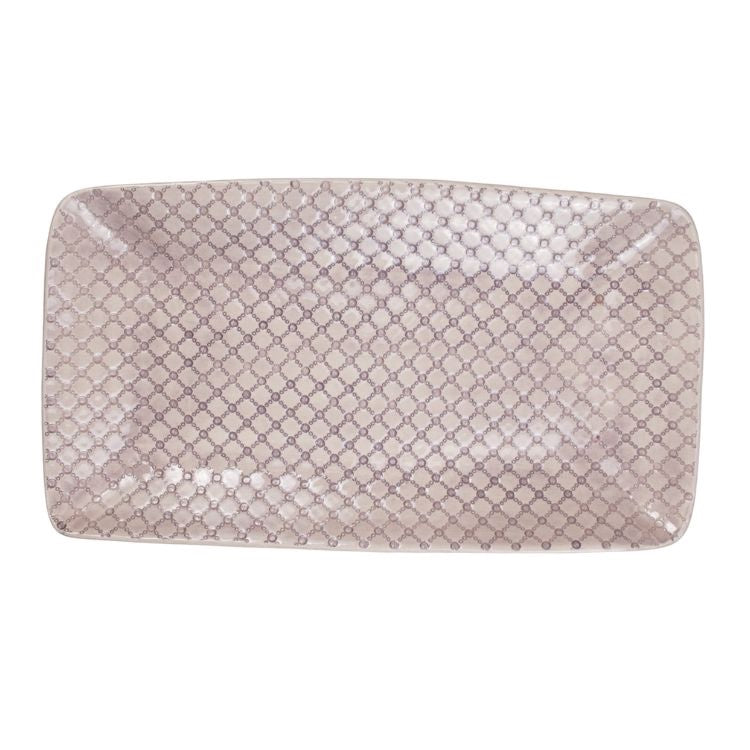 Eclectic Wonki Ware large rectangular pottery trough with a soft pink lattice pattern and artisanal glazed finish.