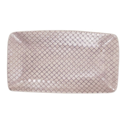 Eclectic Wonki Ware large rectangular pottery trough with a soft pink lattice pattern and artisanal glazed finish.