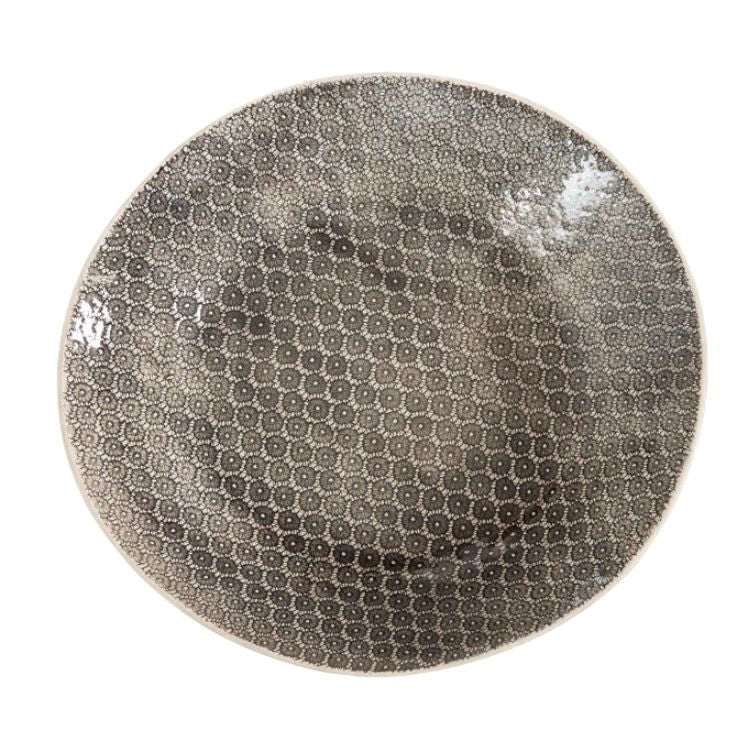 Eclectic Wonki Ware extra large stoneware serving bowl with a grey hand-impressed lace pattern on a white background