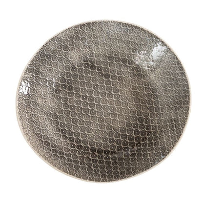 Eclectic Wonki Ware extra large stoneware serving bowl with a grey hand-impressed lace pattern on a white background