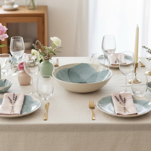 Eclectic Wonki Ware extra large stoneware serving bowl with blue wash pattern on a beautifully set dining table.