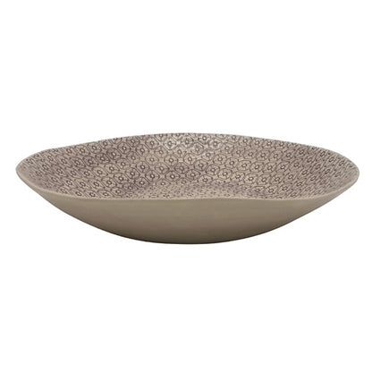 Eclectic Wonki Ware extra large stoneware serving bowl with a hand-impressed geometric pattern in a neutral grey wash.