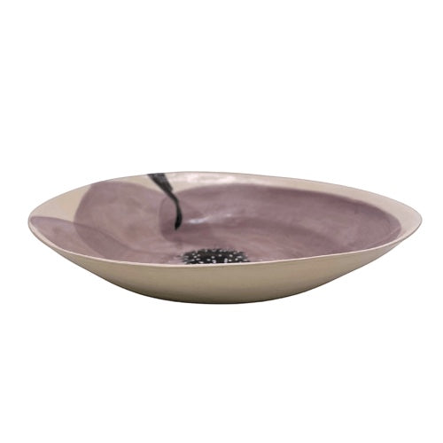 Eclectic Wonki Ware extra large stoneware serving bowl with a hand-painted purple wash and unique abstract pattern.