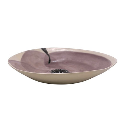 Eclectic Wonki Ware extra large stoneware serving bowl with a hand-painted purple wash and unique abstract pattern.