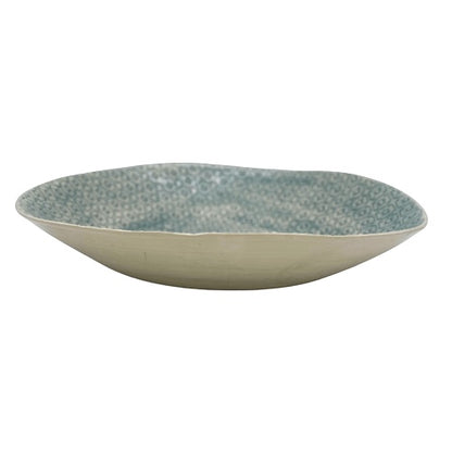 Eclectic Wonki Ware extra large handcrafted stoneware serving bowl with blue patterned interior and organic shape
