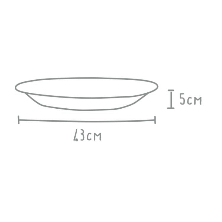 Eclectic Wonki Ware large Mediterranean platter showing dimensions of 43cm by 5cm in a simple line drawing style.