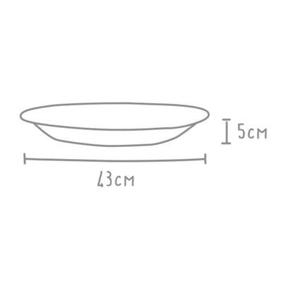 Eclectic Wonki Ware large Mediterranean platter showing dimensions of 43cm by 5cm in a simple line drawing style.