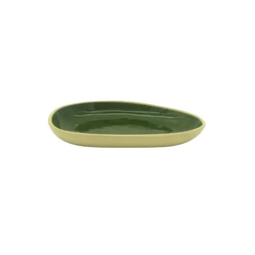 Eclectic Wonki Ware handmade oval ceramic dish with a glossy dark green interior and a cream-coloured exterior.
