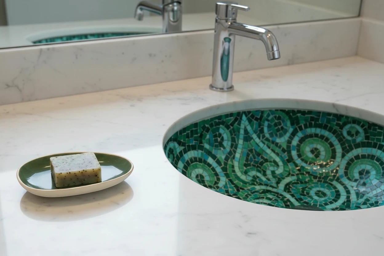 Eclectic Wonki Ware handmade green and white ceramic oval dish holding a bar of soap on a marble bathroom vanity