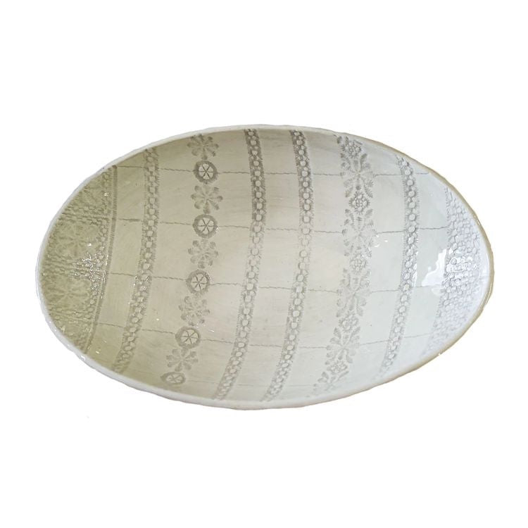 Eclectic Wonki Ware oval stoneware bowl with a white and grey lace-inspired patterned glaze