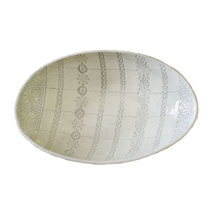 Eclectic Wonki Ware oval stoneware bowl with a white and grey lace-inspired patterned glaze
