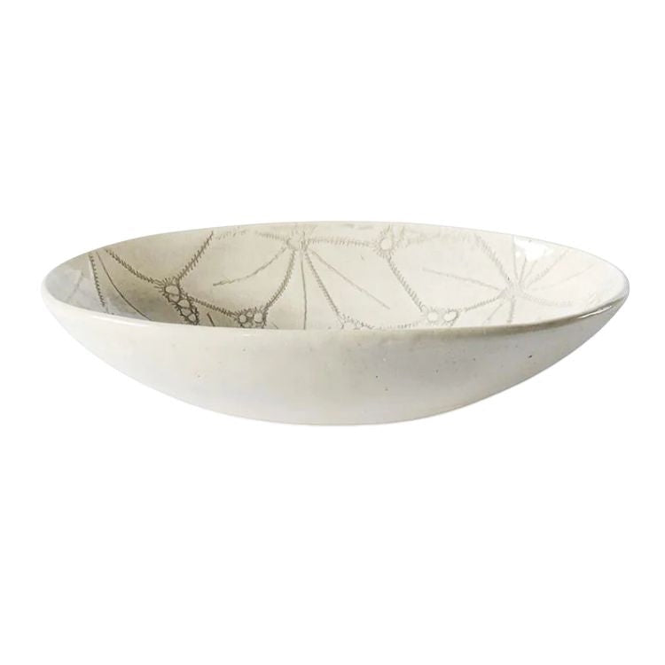 Eclectic Wonki Ware handcrafted stoneware oval bowl with a delicate grey patterned glaze on a white background
