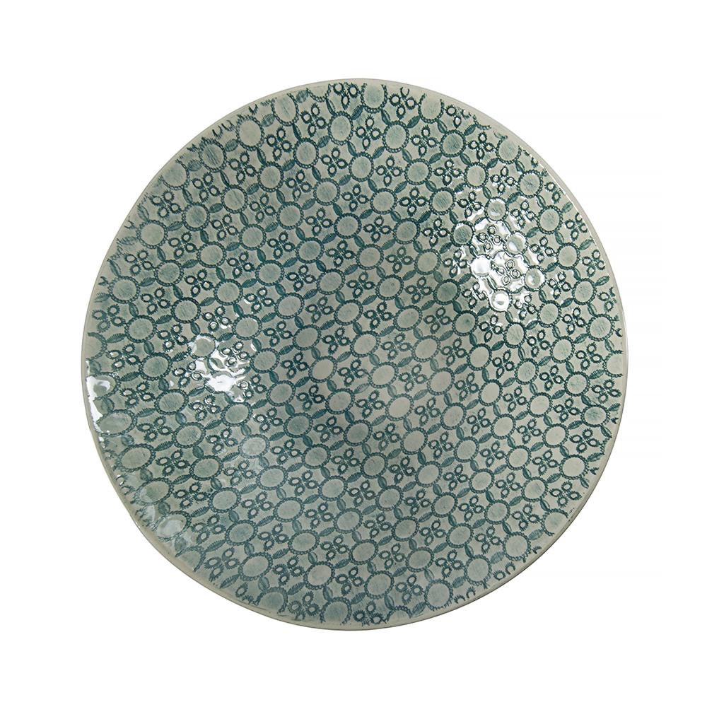 Eclectic Wonki Ware handcrafted pottery salad bowl with a unique teal and white geometric patterned glaze.