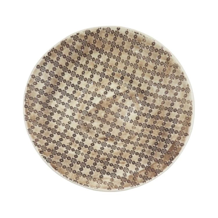 Eclectic Wonki Ware handcrafted pottery salad bowl with a brown and cream intricate floral pattern, top-down view.