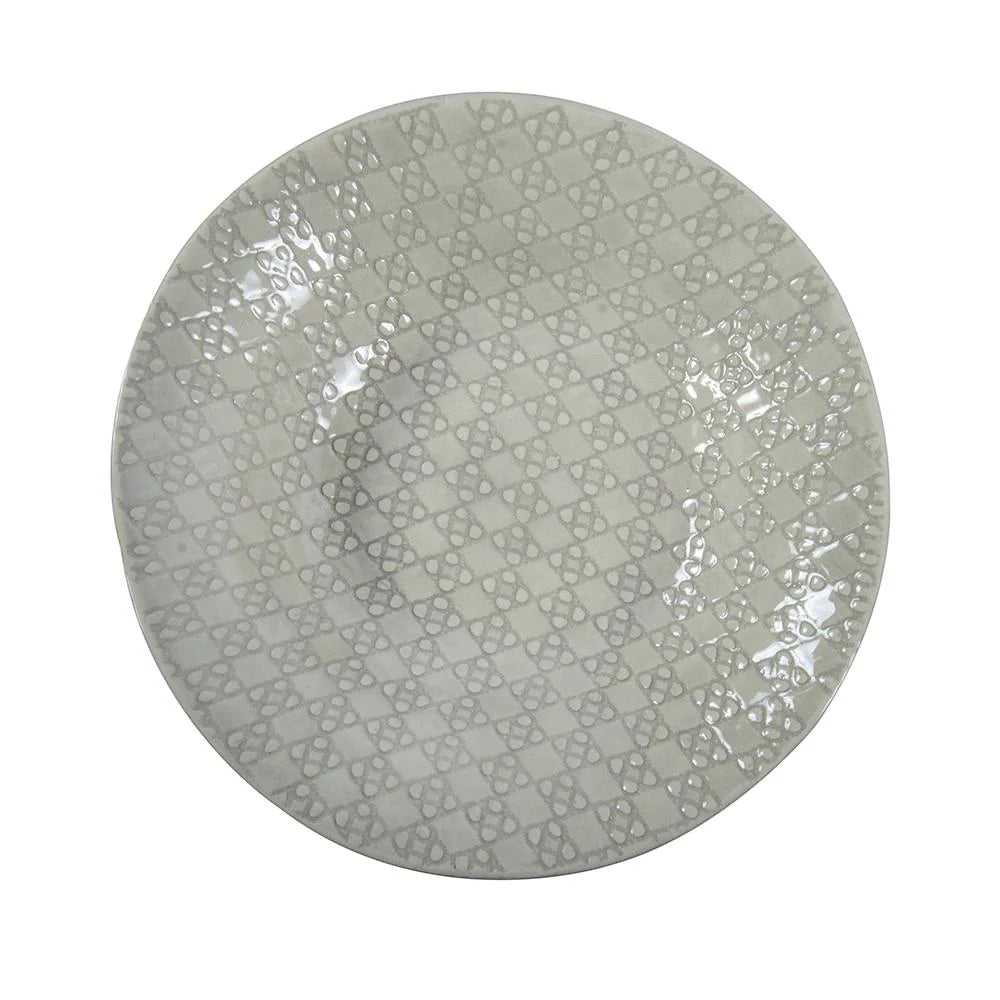 Eclectic Wonki Ware handcrafted pottery salad bowl with a unique white and grey geometric pattern on a white background