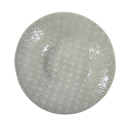 Eclectic Wonki Ware handcrafted pottery salad bowl with a unique white and grey geometric pattern on a white background