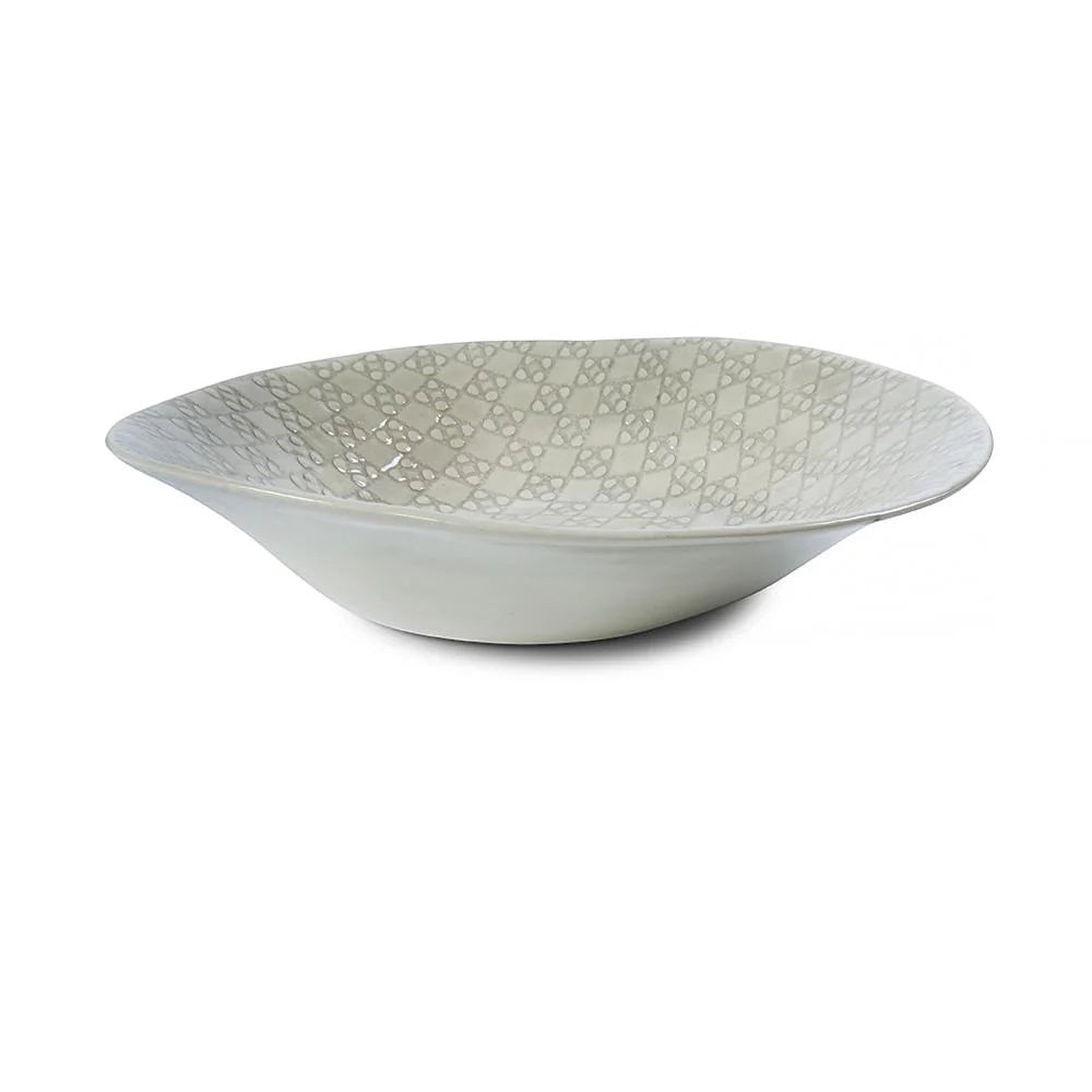Eclectic Wonki Ware handcrafted pottery salad bowl with a unique white and grey geometric pattern on a white background