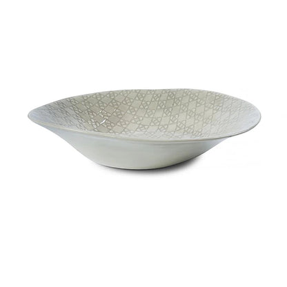 Eclectic Wonki Ware handcrafted pottery salad bowl with a unique white and grey geometric pattern on a white background