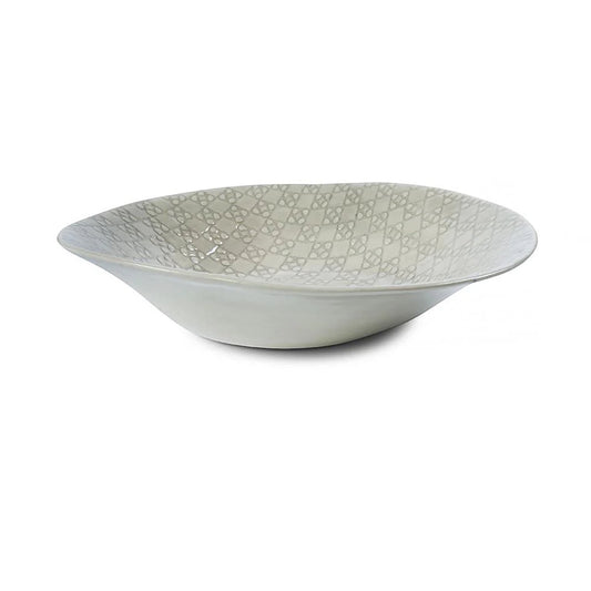 Eclectic Wonki Ware handcrafted pottery salad bowl with a unique white and grey geometric pattern on a white background