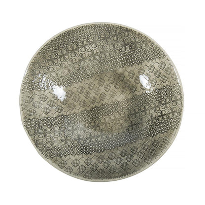 Eclectic Wonki Ware handcrafted pottery salad bowl with unique grey and white hand-painted floral and geometric patterns