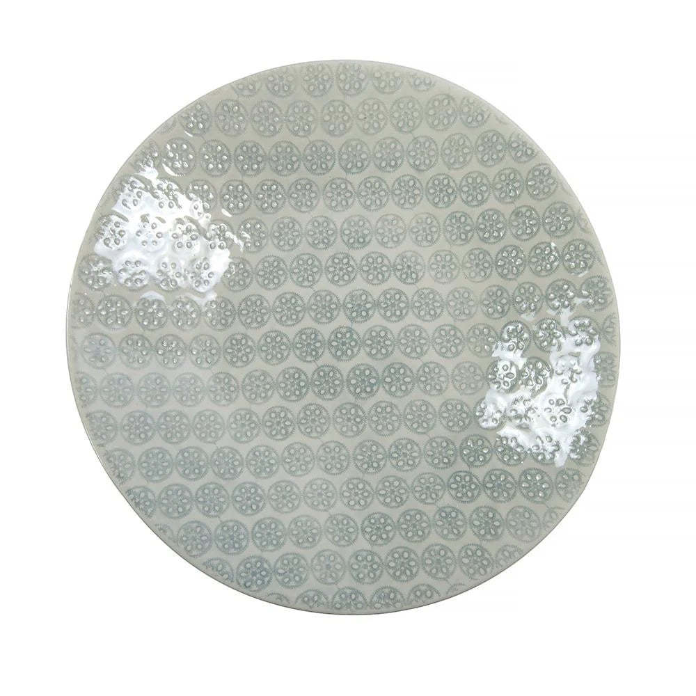 Eclectic Wonki Ware handcrafted pottery salad bowl with a light grey and white intricate circular pattern