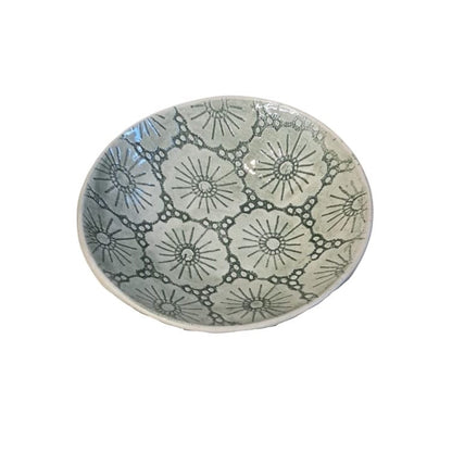 Eclectic Wonki Ware handcrafted stoneware salsa dish with a unique grey and white floral lace pattern.