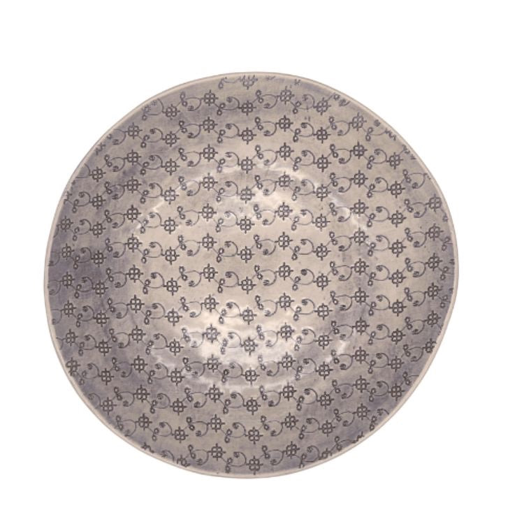 Eclectic Wonki Ware large handmade ceramic spaghetti bowl with a grey and white hand-painted floral pattern