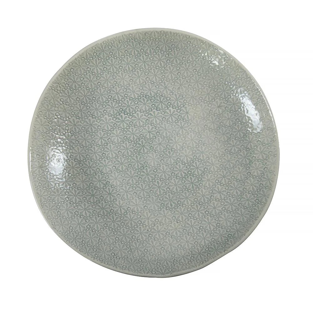 Eclectic Wonki Ware large handmade pottery spaghetti bowl with a grey and white intricate floral pattern