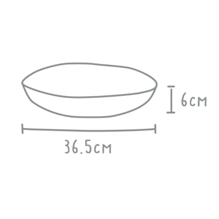 Eclectic Wonki Ware large pie dish technical diagram showing 36.5cm diameter and 6cm height dimensions