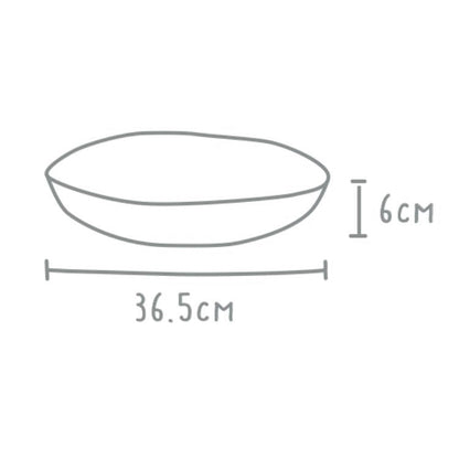 Eclectic Wonki Ware large pie dish technical diagram showing 36.5cm diameter and 6cm height dimensions