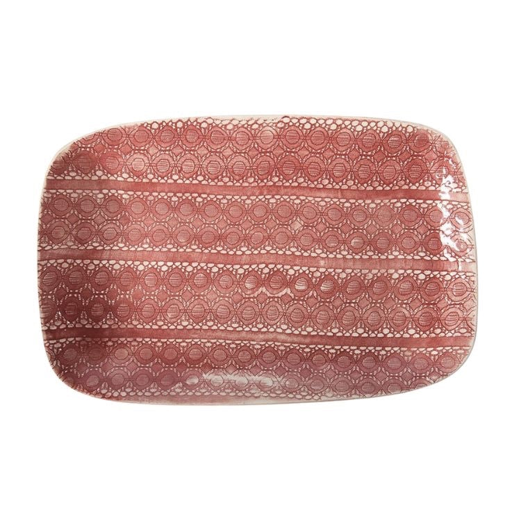 Eclectic Wonki Ware rectangular stoneware roasting platter in dusty pink with a hand-impressed lace pattern.