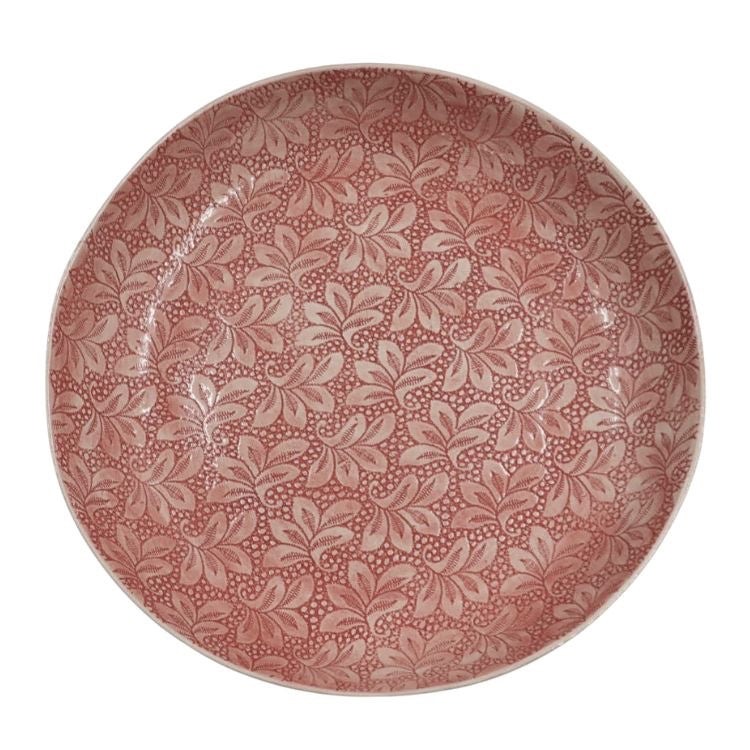 Eclectic Wonki Ware large pottery pie dish in dusty pink with a detailed hand-stamped leaf pattern