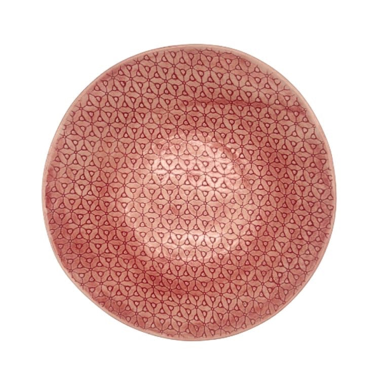 Eclectic Wonki Ware handcrafted pottery salad bowl in a dusty pink hue with a delicate repeating geometric pattern.