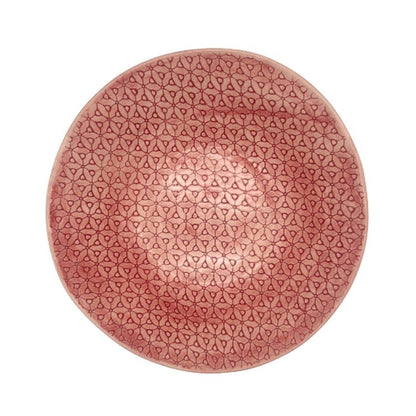 Eclectic Wonki Ware handcrafted pottery salad bowl in a dusty pink hue with a delicate repeating geometric pattern.