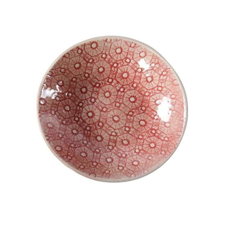 Eclectic Wonki Ware handcrafted stoneware salsa dish featuring a unique pink and white geometric floral pattern.