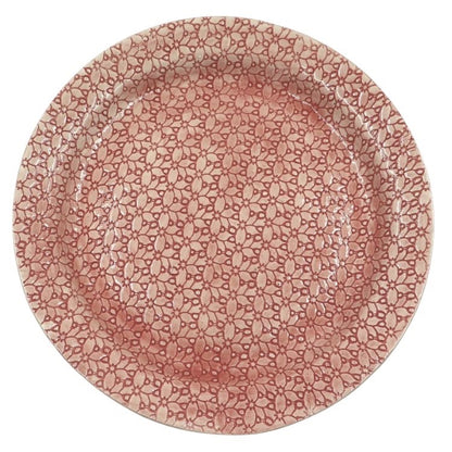 Eclectic Wonki Ware large Mediterranean pottery platter in a dusty pink with a delicate repeating floral pattern.