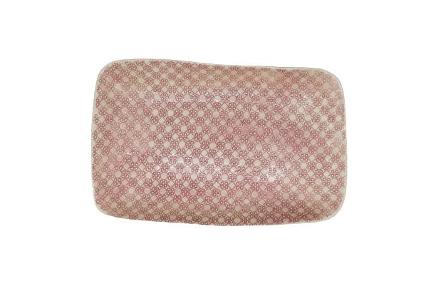 Eclectic Wonki Ware rectangular roasting platter in pink with a delicate hand-impressed lace pattern.