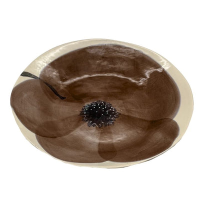 Eclectic Wonki Ware oval stoneware bowl featuring a hand-painted brown poppy motif on a cream glazed background.